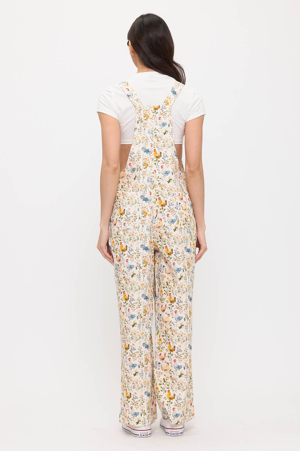 ROOSTER AND FLORAL PRINT OVERALLS
