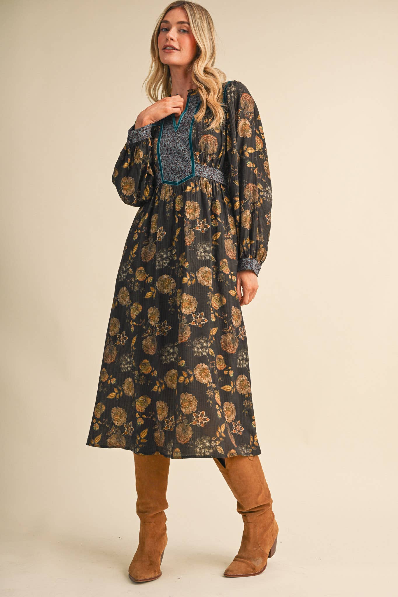 FLORAL PRINT CONTRAST VELVET TRIM MIDI DRESS MDR5304
