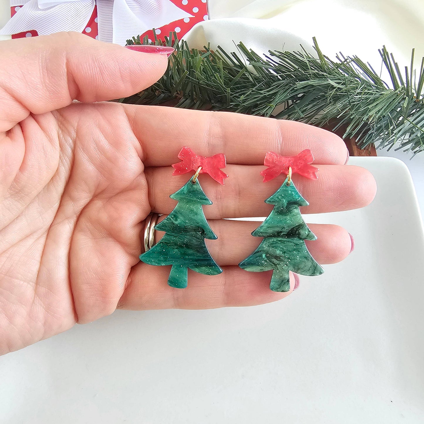 Bow Christmas Tree Earrings - Green Shimmer // Holiday, Jewelry