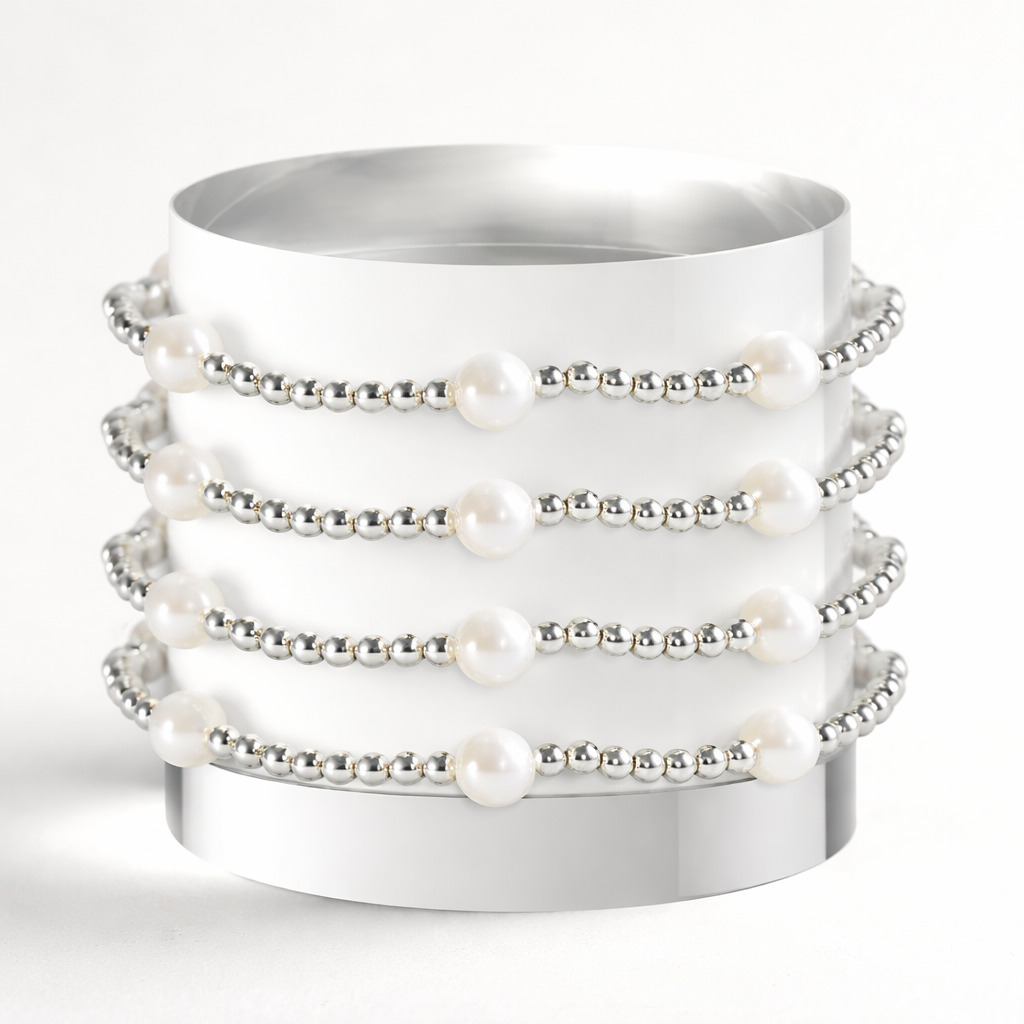 Silver Plated Dot Beaded Stretch Bracelet with Pearls