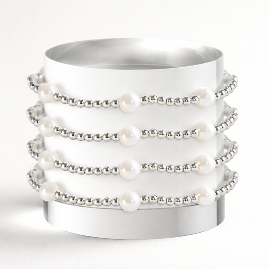Silver Plated Dot Beaded Stretch Bracelet with Pearls