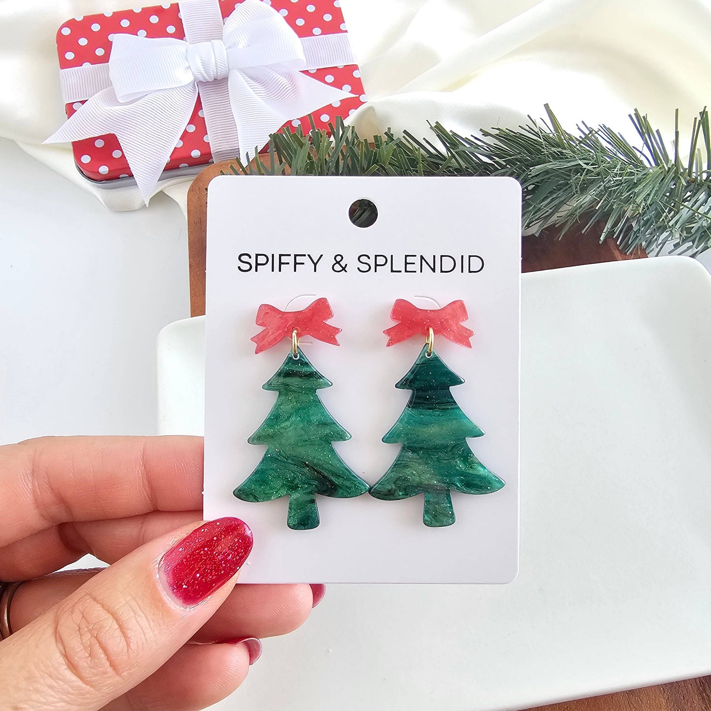 Bow Christmas Tree Earrings - Green Shimmer // Holiday, Jewelry