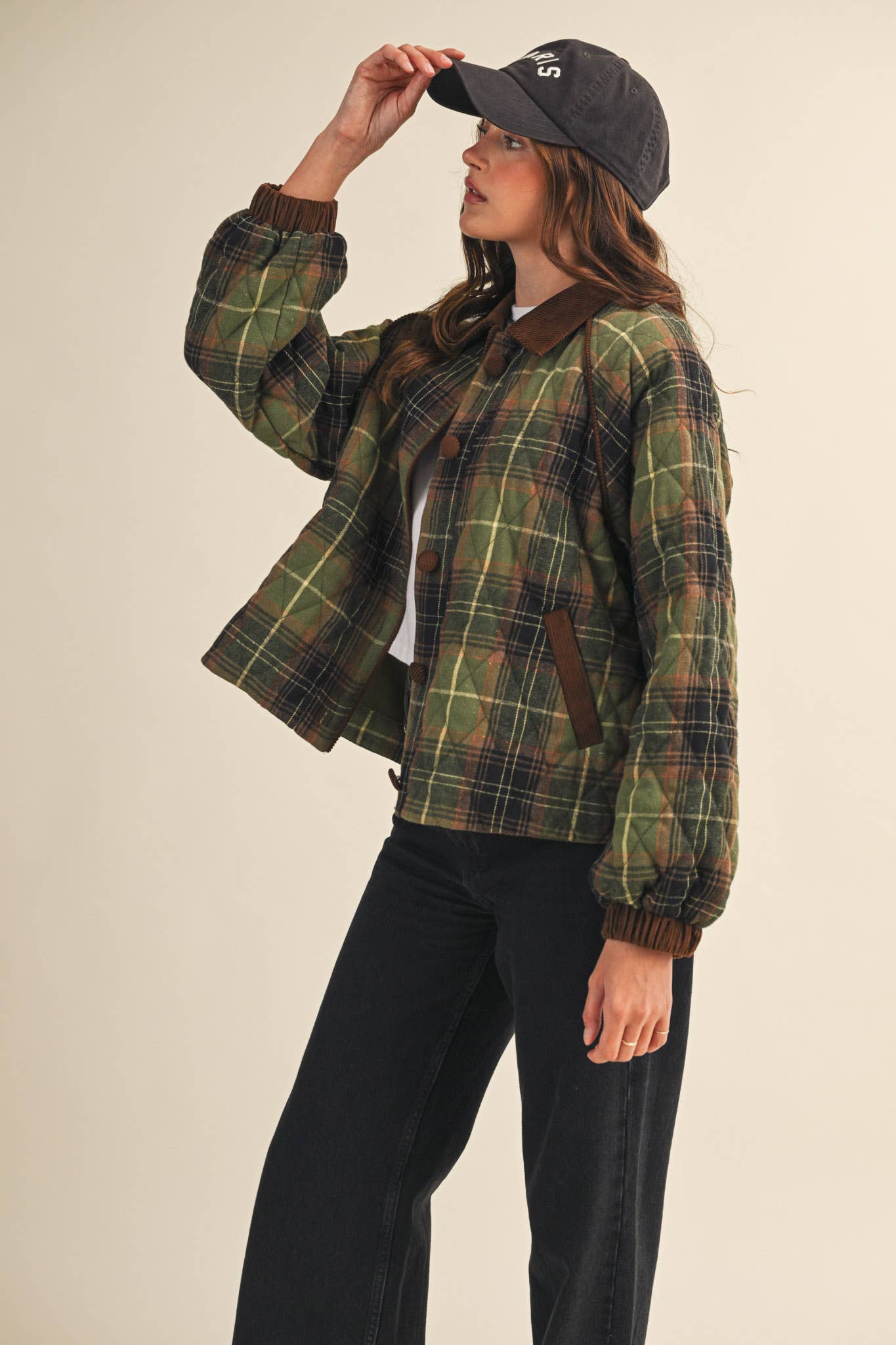 PLAID QUILTED JACKET WITH CONTRAST CORDUROY DETAIL MJK4115