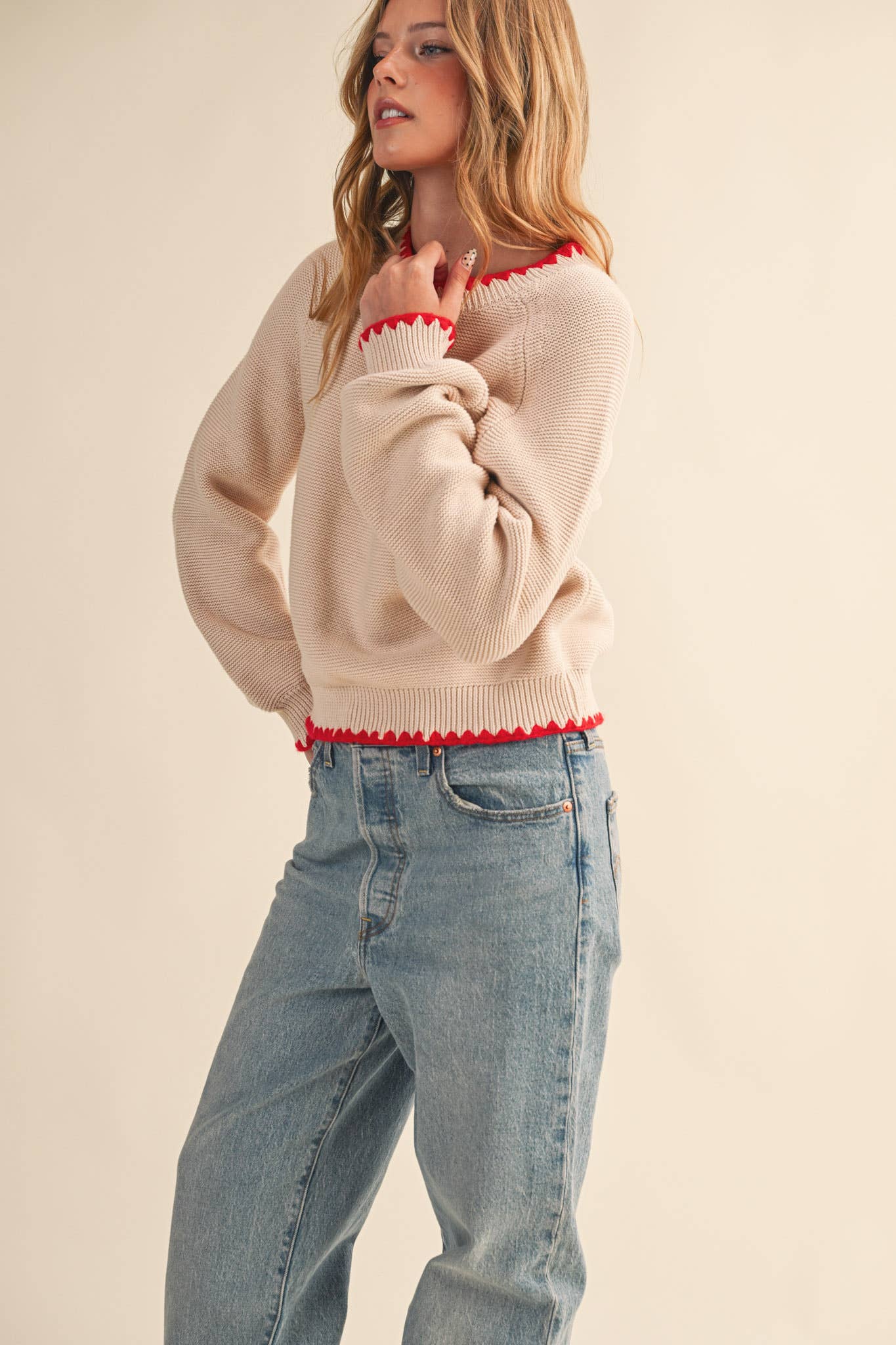 LONG PUFF SLEEVE SWEATER WITH CONTRAST STITCH MSW11083