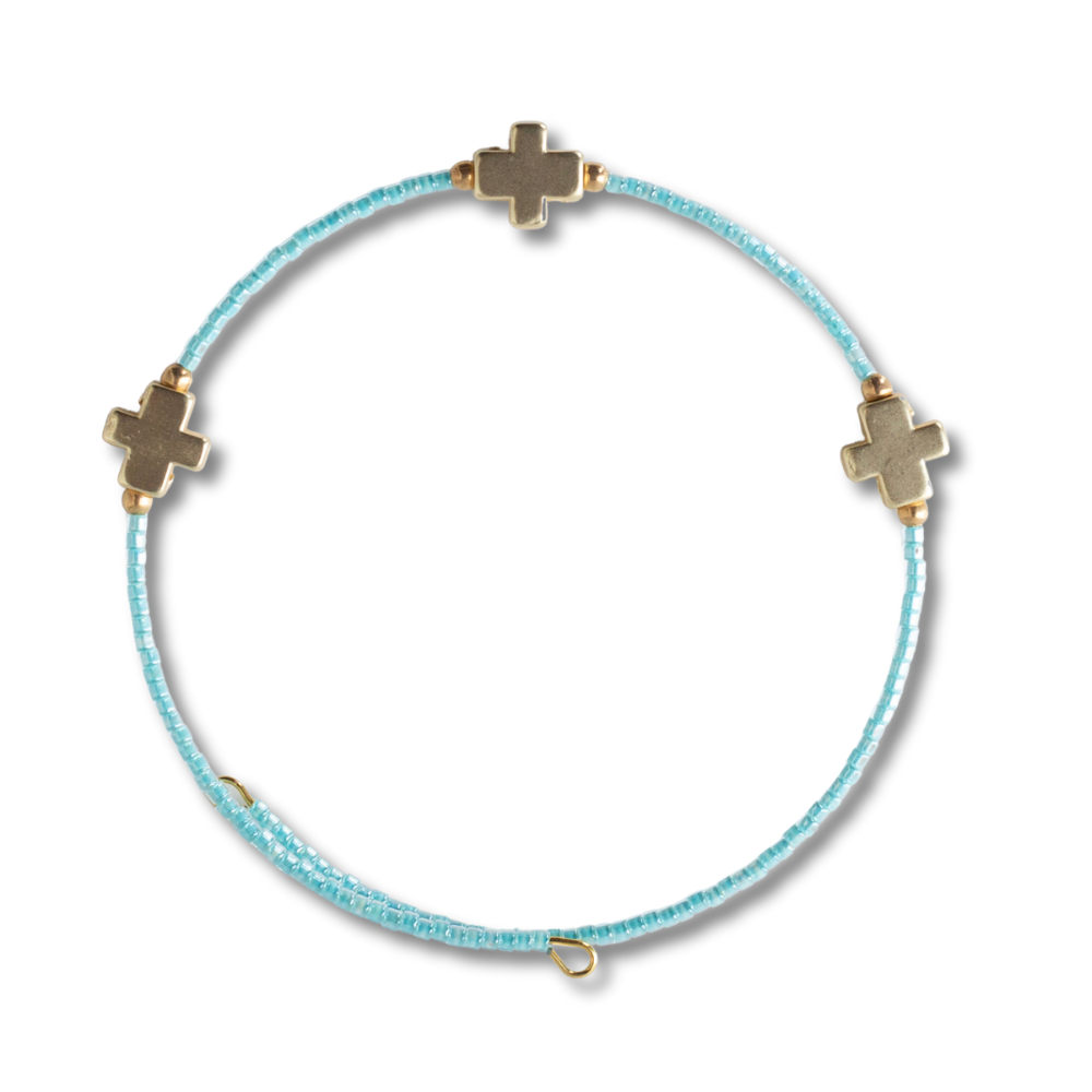 Faithful Beaded Cross Bangle w/ Matte Gold Crosses-Turquoise
