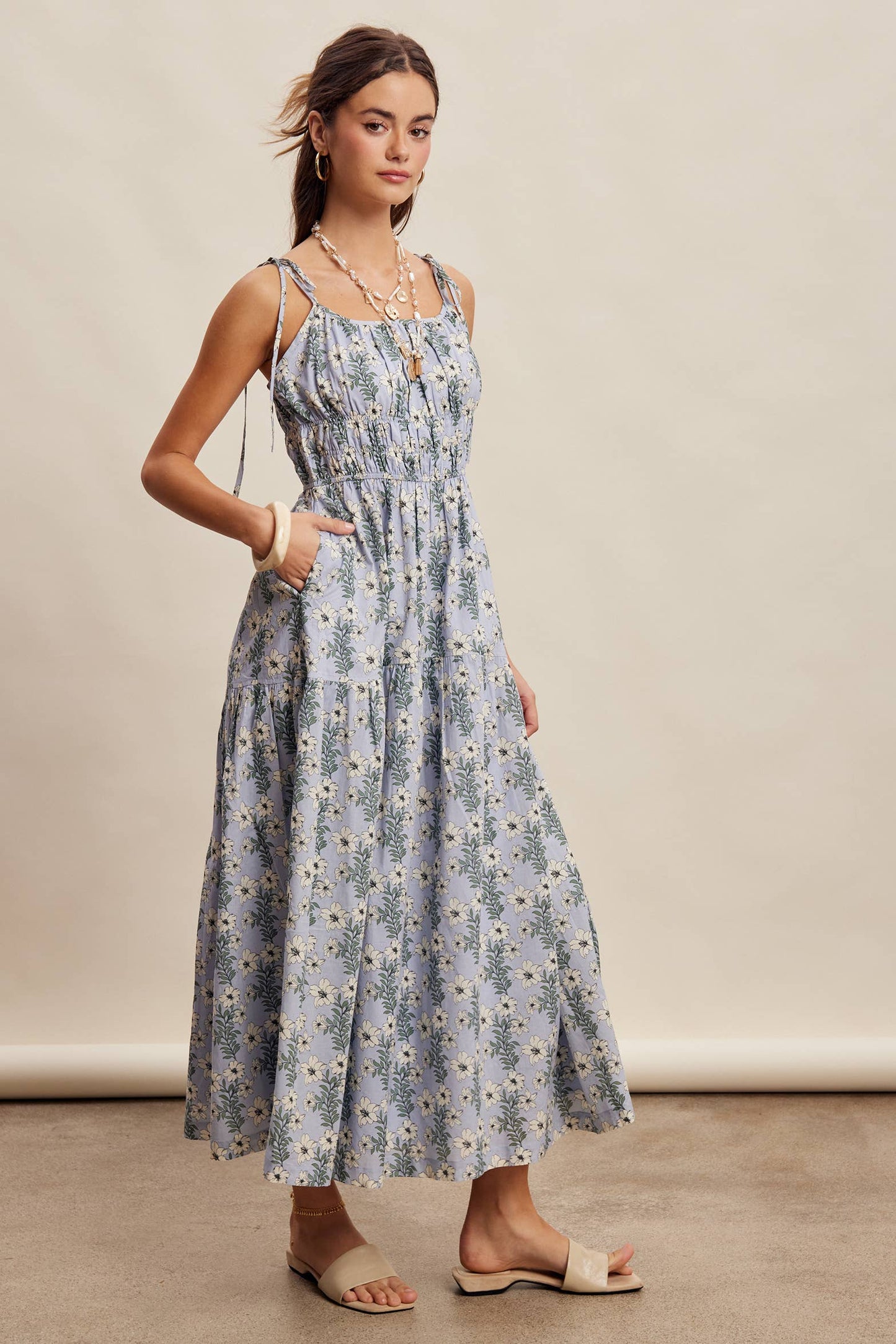 Floral Tie-Strap Smocked Maxi Dress LD1623