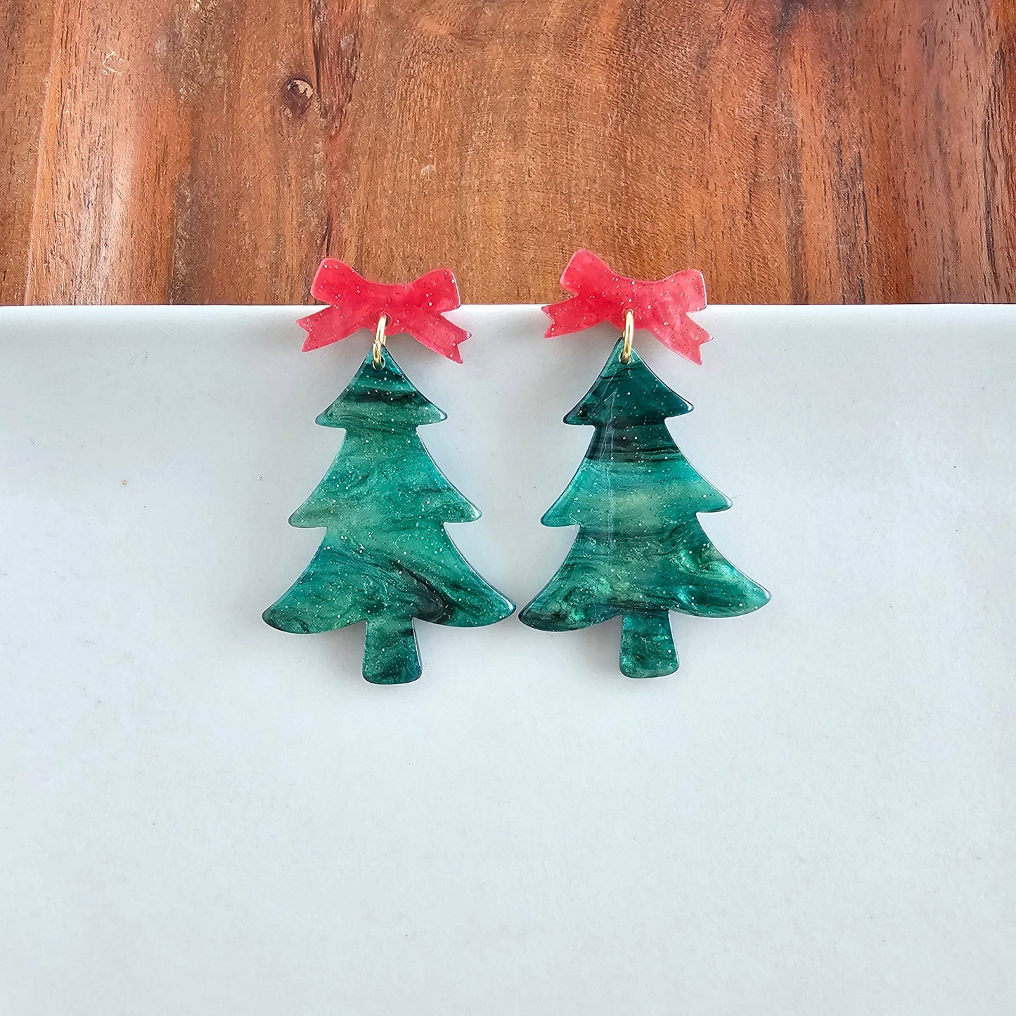 Bow Christmas Tree Earrings - Green Shimmer // Holiday, Jewelry
