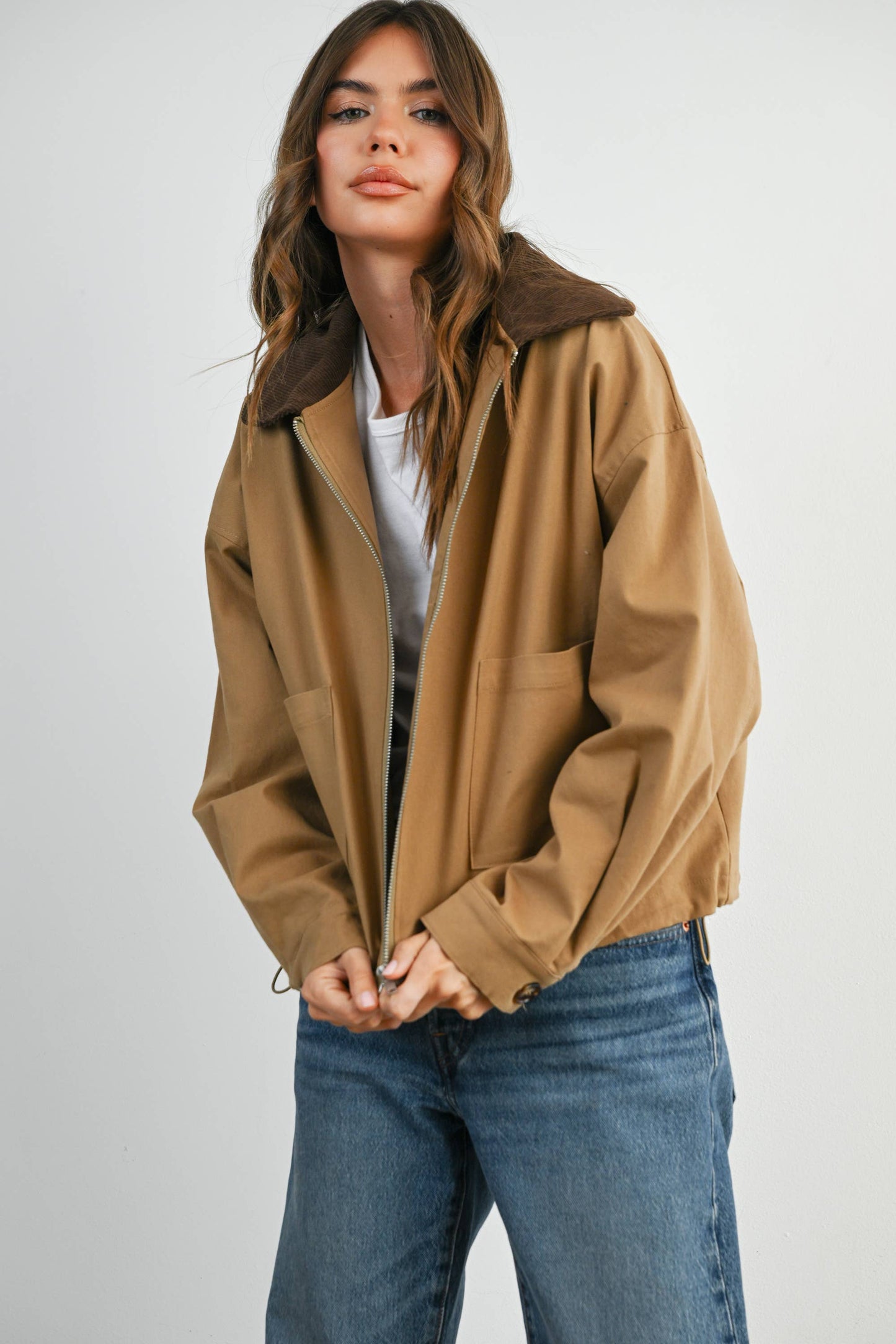 Collared Zip-Up Drawstring Jacket