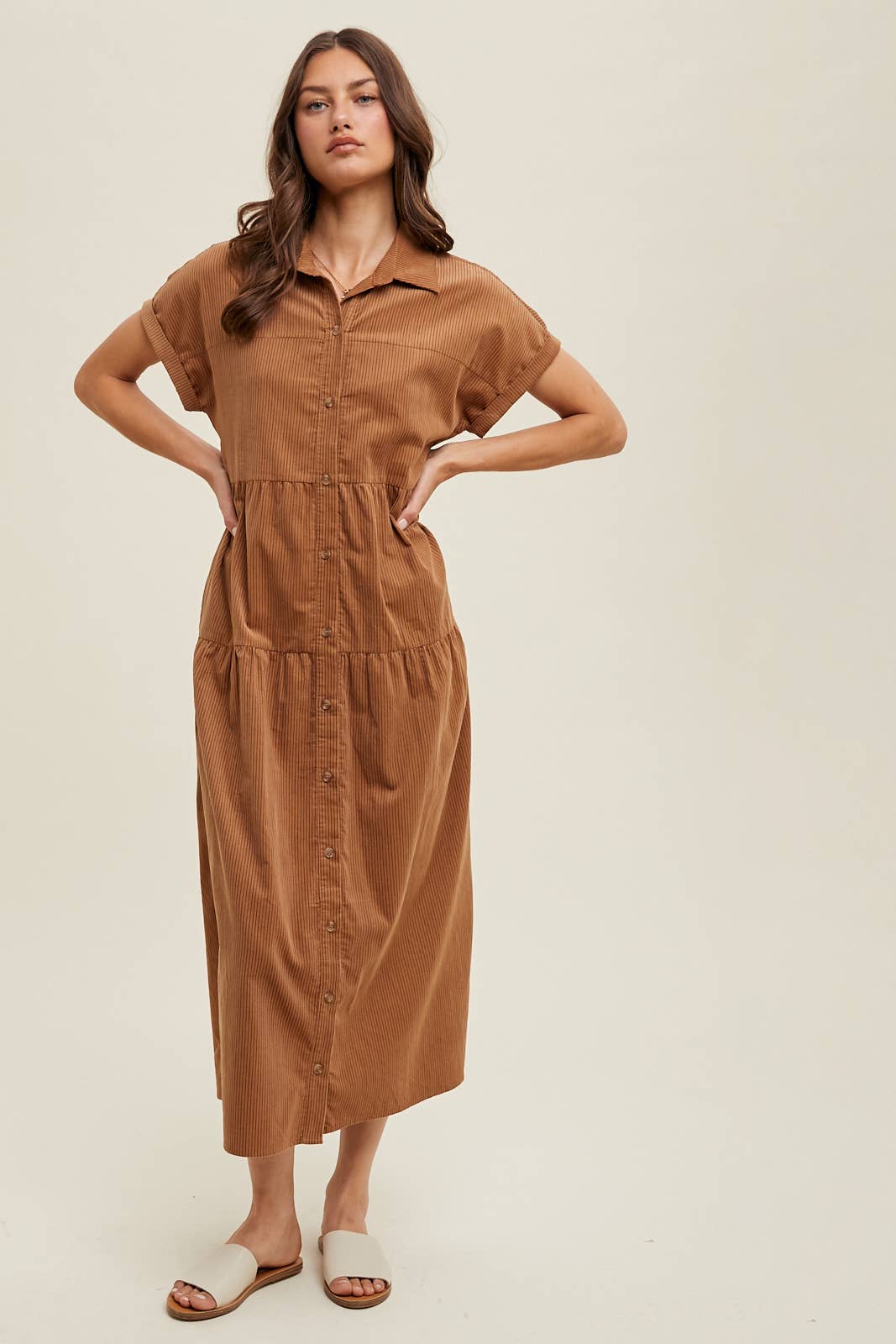 STRIPE CORDUROY BUTTON-UP MIDI DRESS / WL24-9416