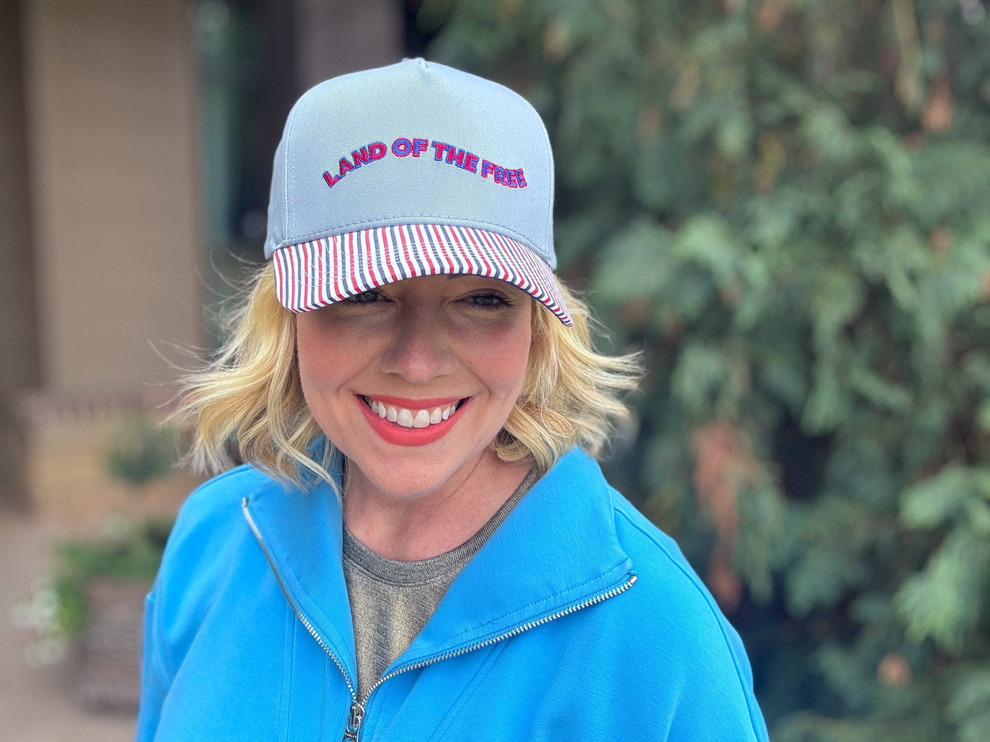 Embroidered Baseball Cap - "Land of the Free" - Blue + Red