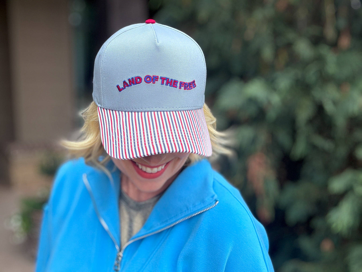 Embroidered Baseball Cap - "Land of the Free" - Blue + Red