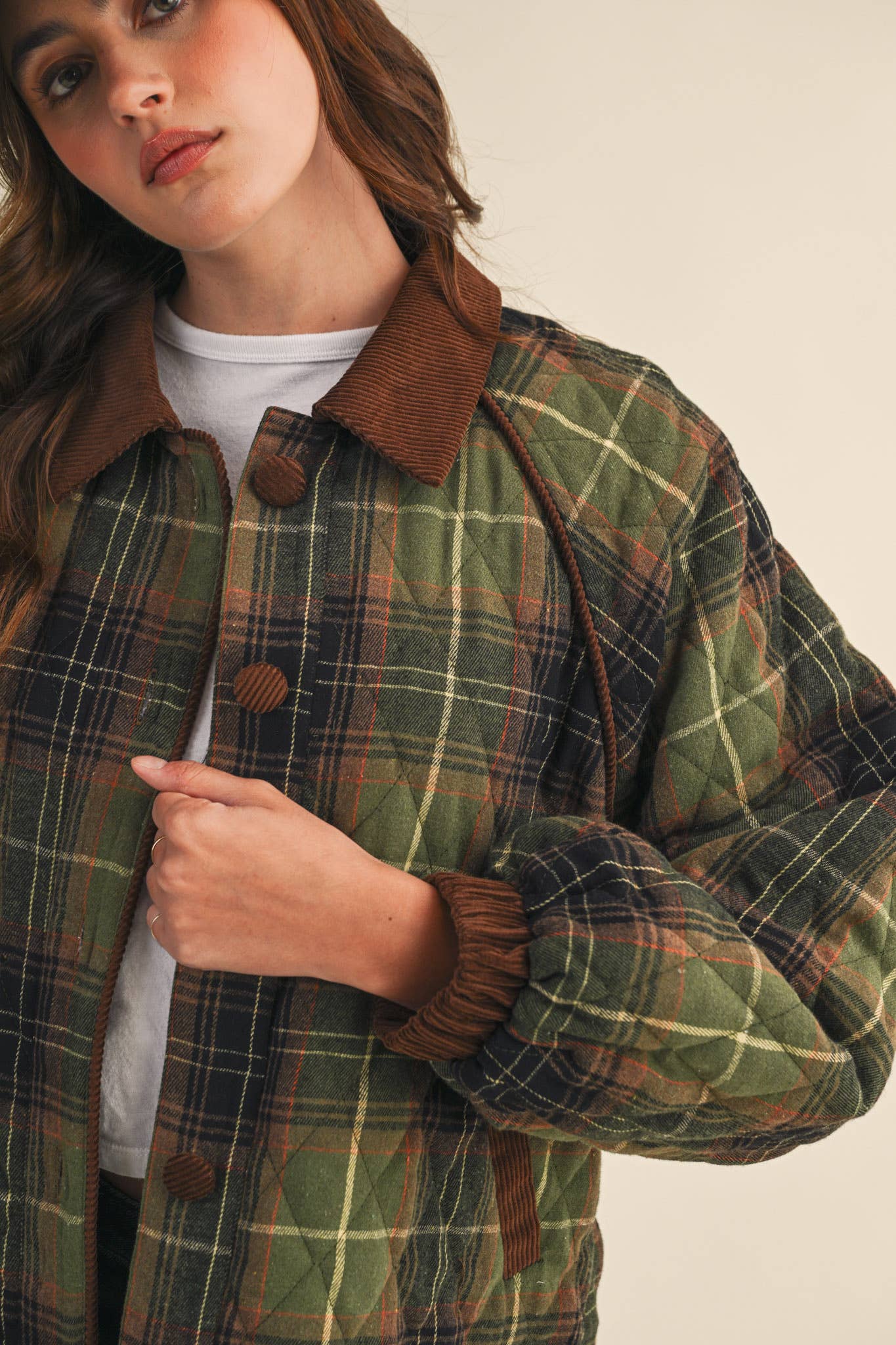 PLAID QUILTED JACKET WITH CONTRAST CORDUROY DETAIL MJK4115