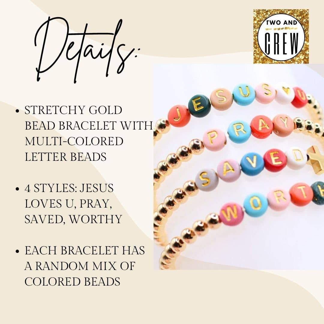 Gold Faith Bracelets – Jesus Loves U, Pray, Saved, Worthy