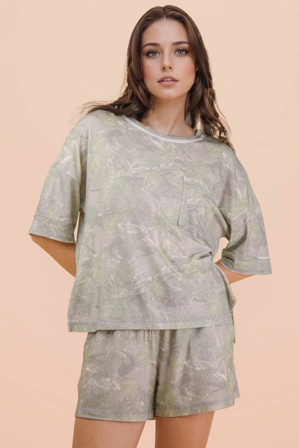 Camo Print Casual Knit Top & Shorts Set