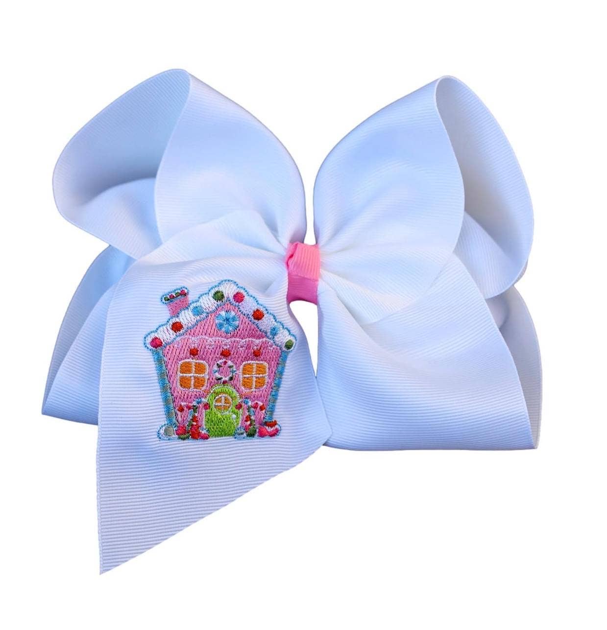 Pink Gingerbread House Embroidered Hair Bow