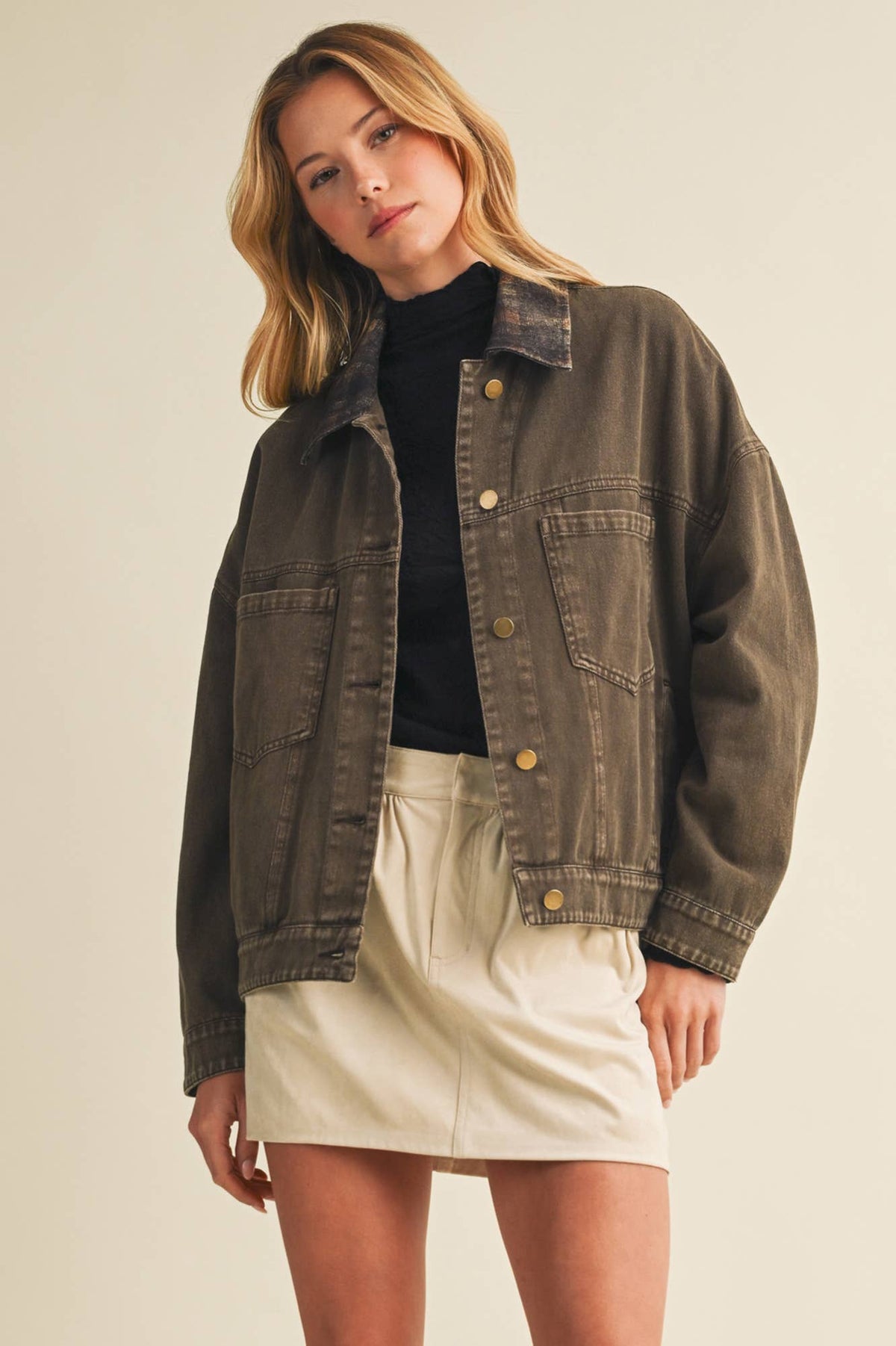 Plaid Collar Vintage Washed Jacket