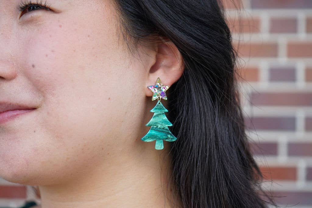 Star Christmas Tree Earrings - Green Shimmer // Holiday, Jewelry