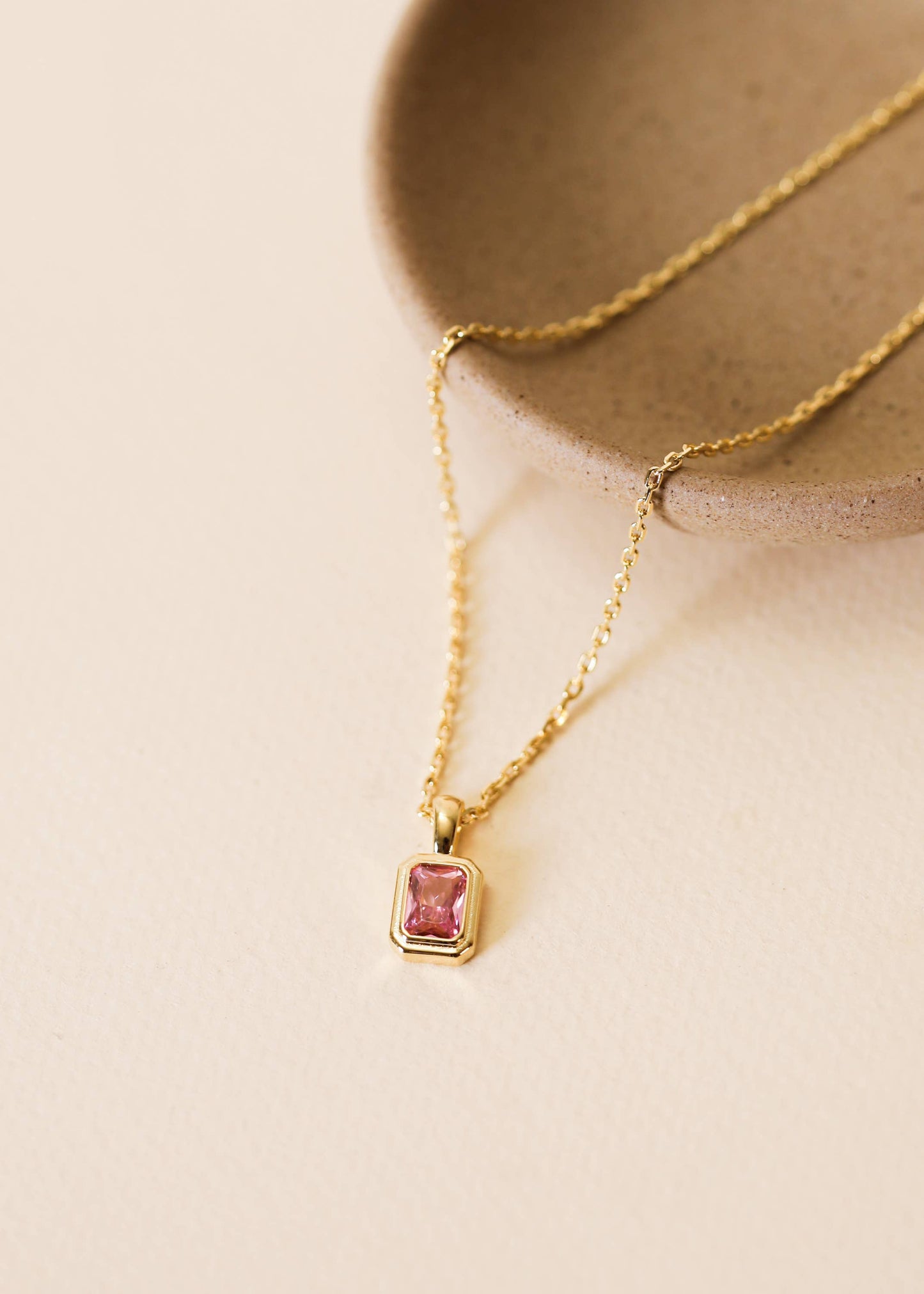 Rectangular Gold Baguette Pendant Necklace - Light Pink Gem