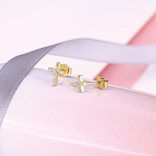 Dainty Gold Cross Tiny Stud Earrings in 925 Sterling Silver