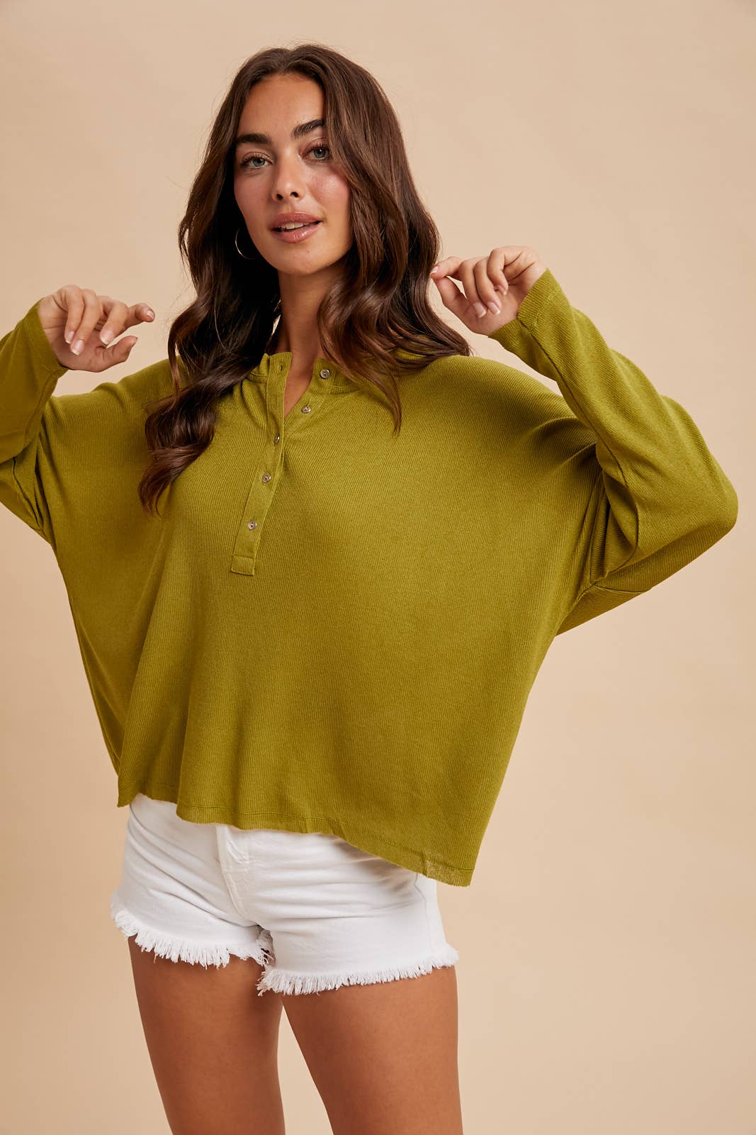 LONG SLEEVE HENLEY TOP WITH RAW EDGE HEM