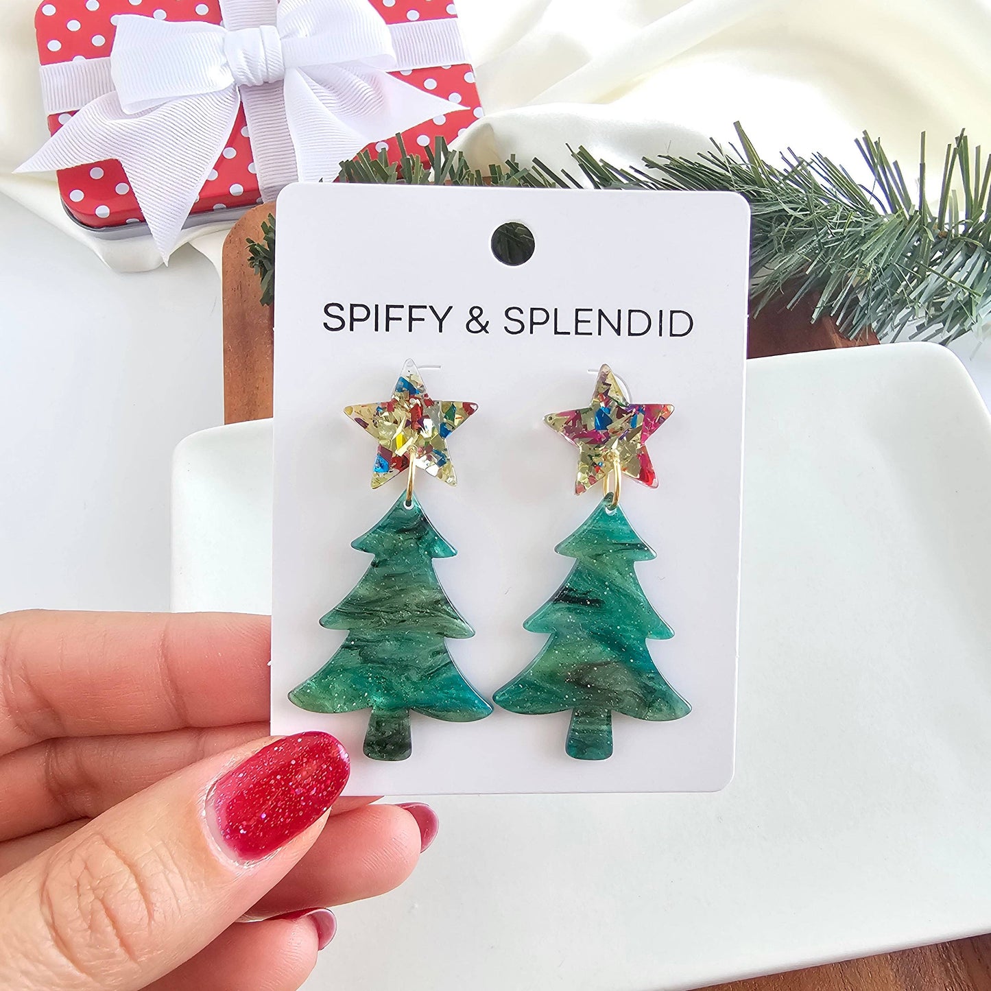 Star Christmas Tree Earrings - Green Shimmer // Holiday, Jewelry