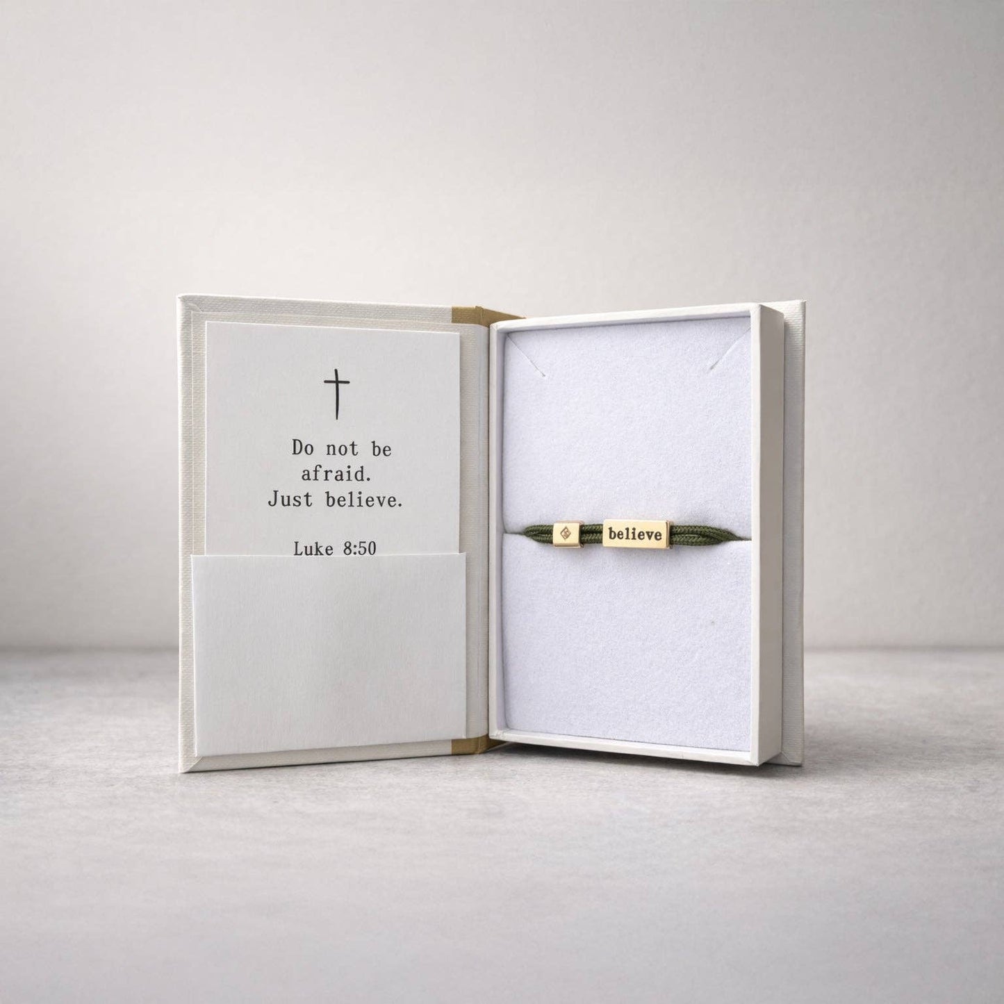 Sentiment Bracelet – Believe | Olive Green Cord