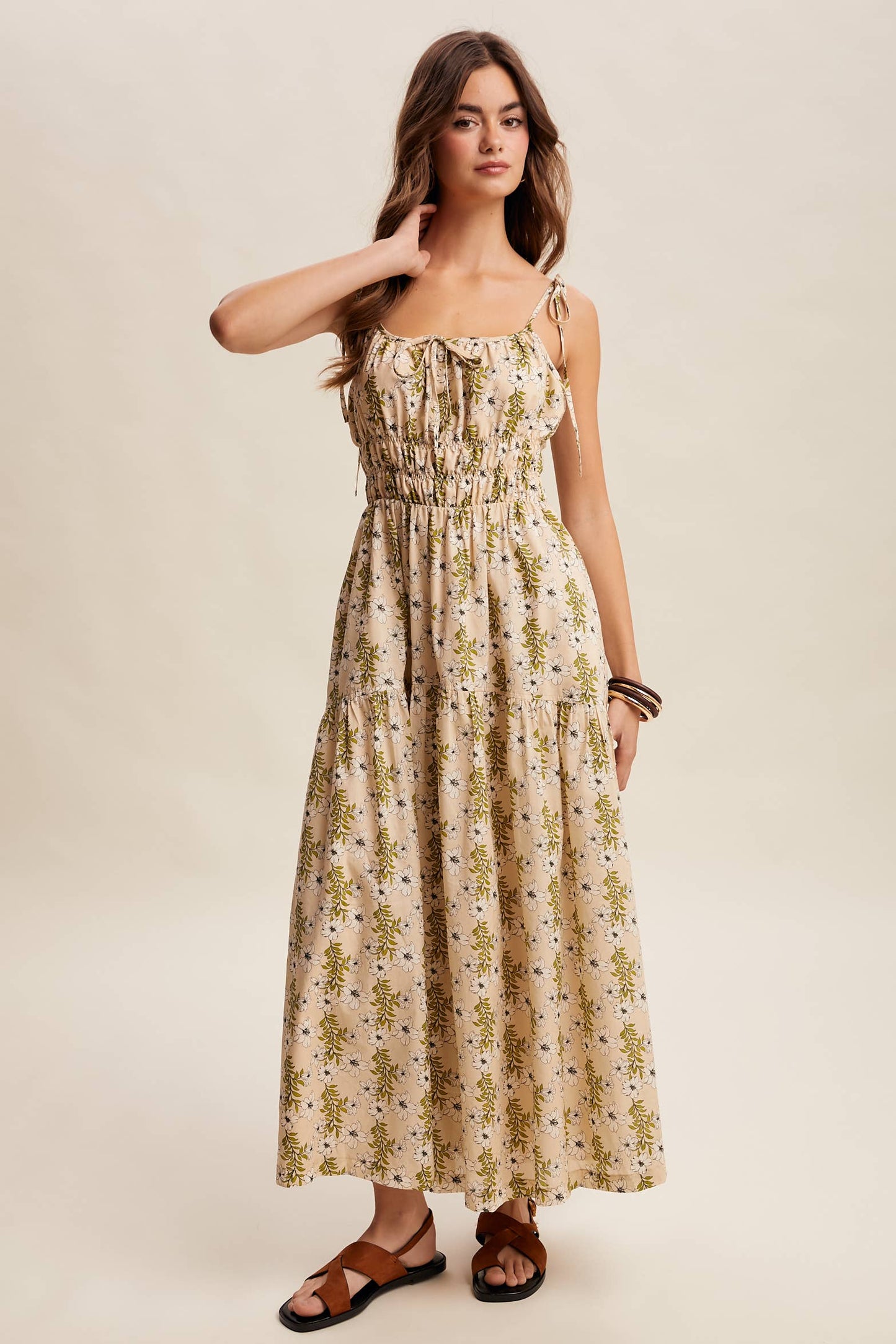 Floral Tie-Strap Smocked Maxi Dress LD1623