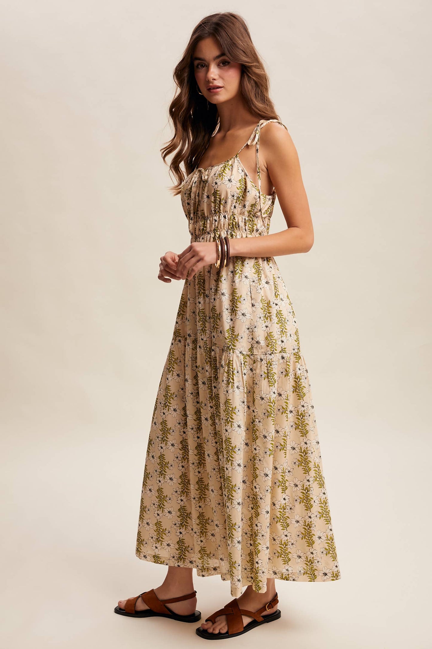 Floral Tie-Strap Smocked Maxi Dress LD1623