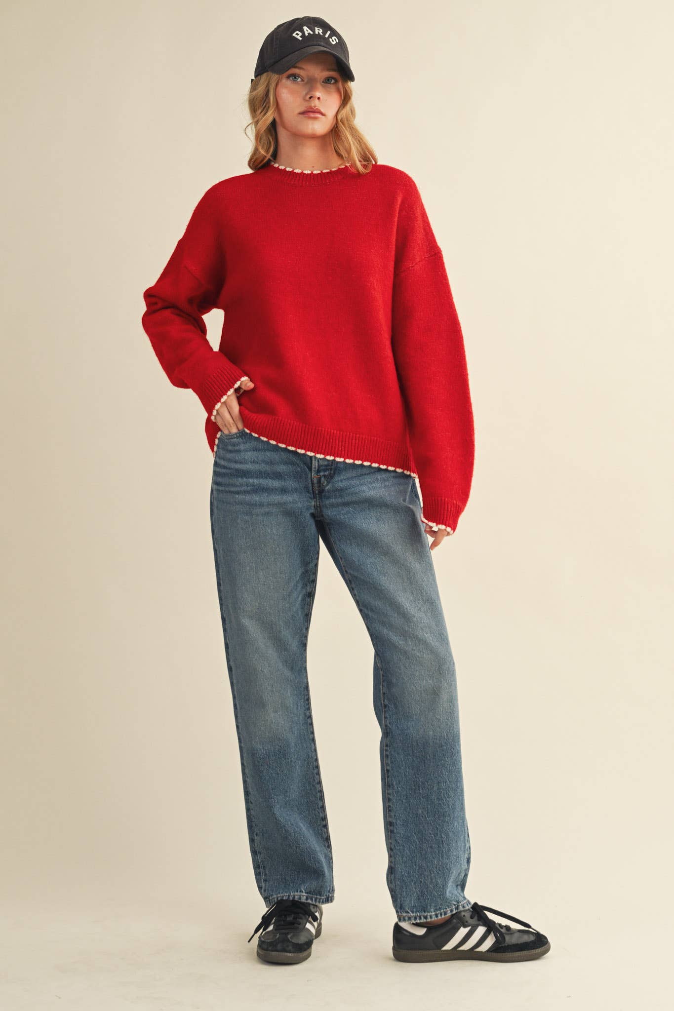 CONTRAST KNIT SCALLOPED EDGE SWEATER