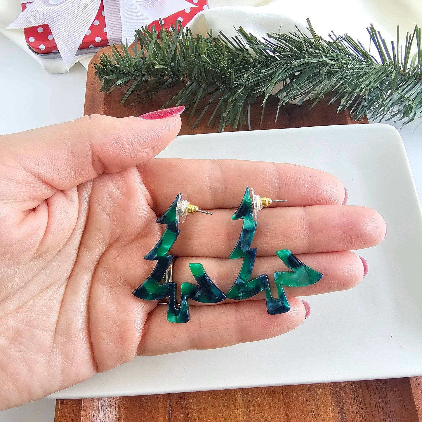Christmas Tree Hoops - Dark Green // Christmas, Holiday, Jewelry, Earrings