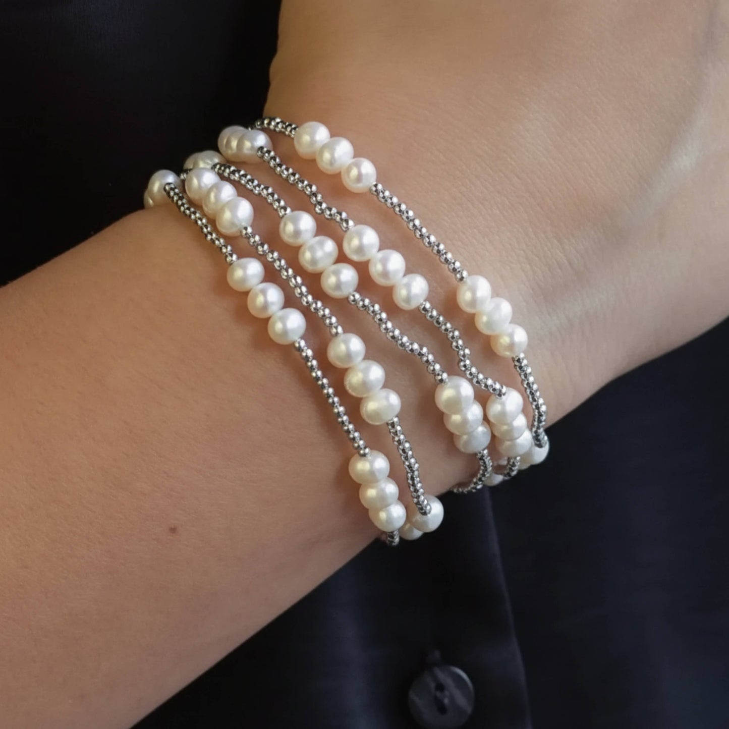 Trio Silver Plated Beaded Stretch Bracelet with Pearls