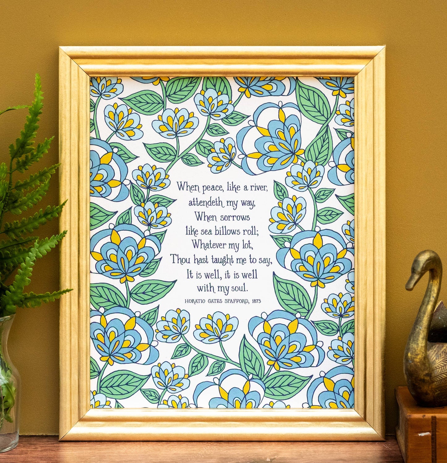 It Is Well Hymn Art Print - Blue Floral