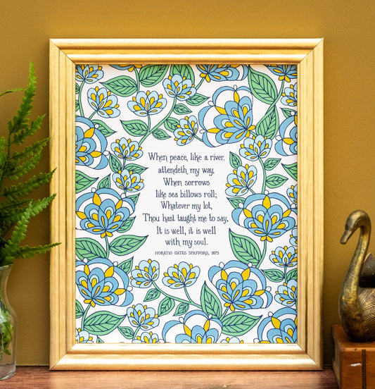 It Is Well Hymn Art Print - Blue Floral