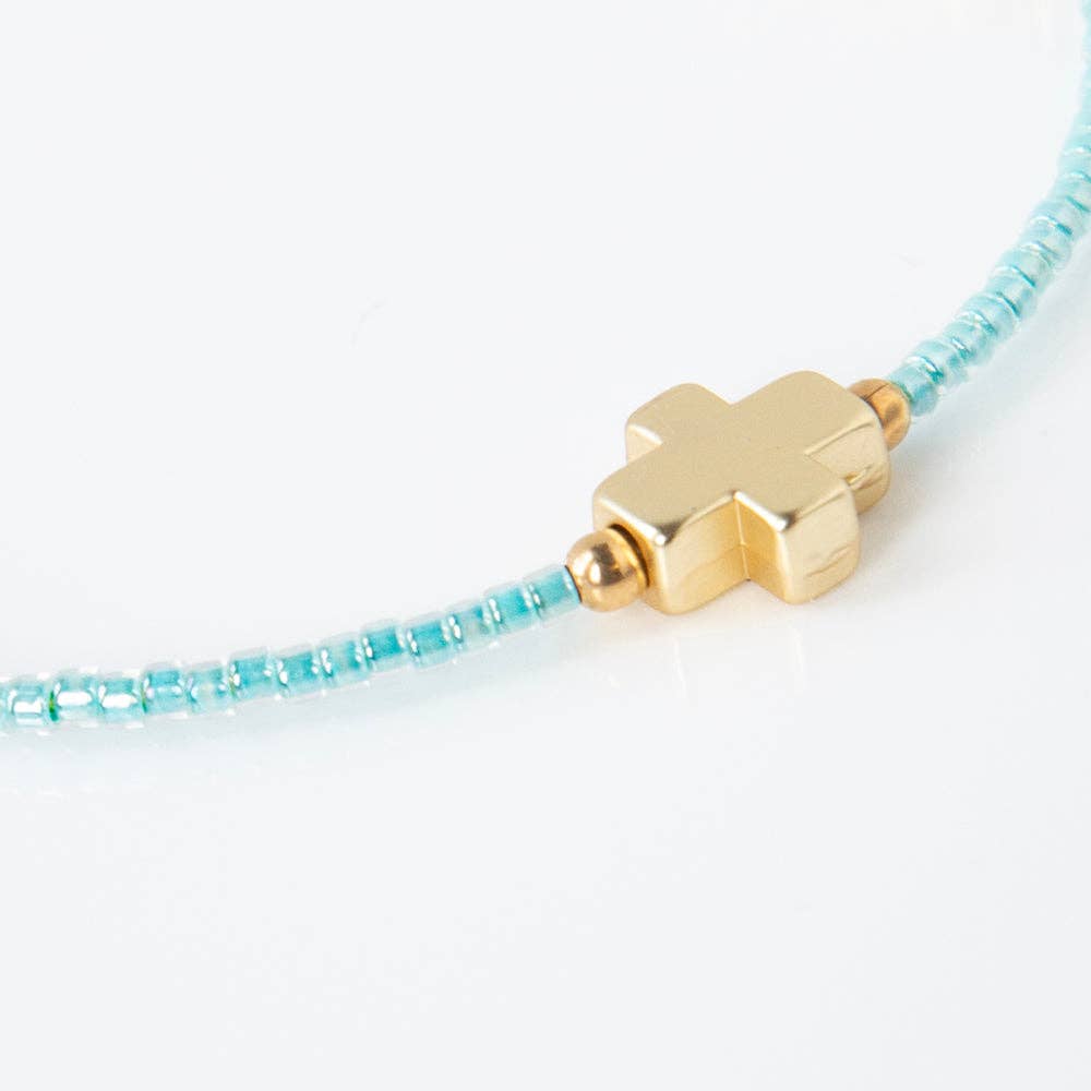 Faithful Beaded Cross Bangle w/ Matte Gold Crosses-Turquoise