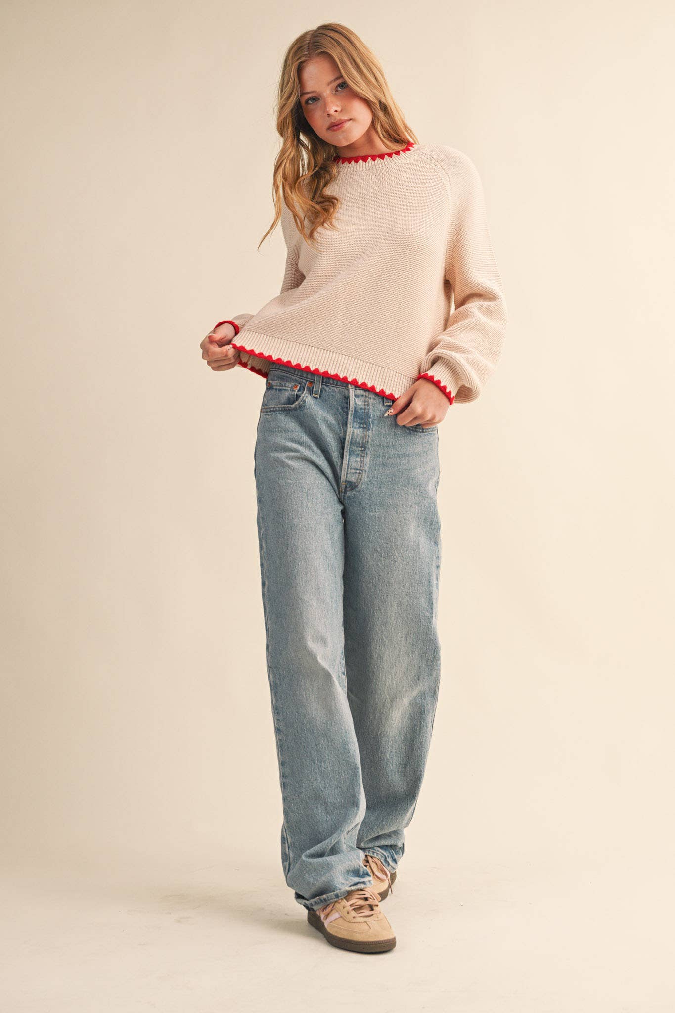LONG PUFF SLEEVE SWEATER WITH CONTRAST STITCH MSW11083