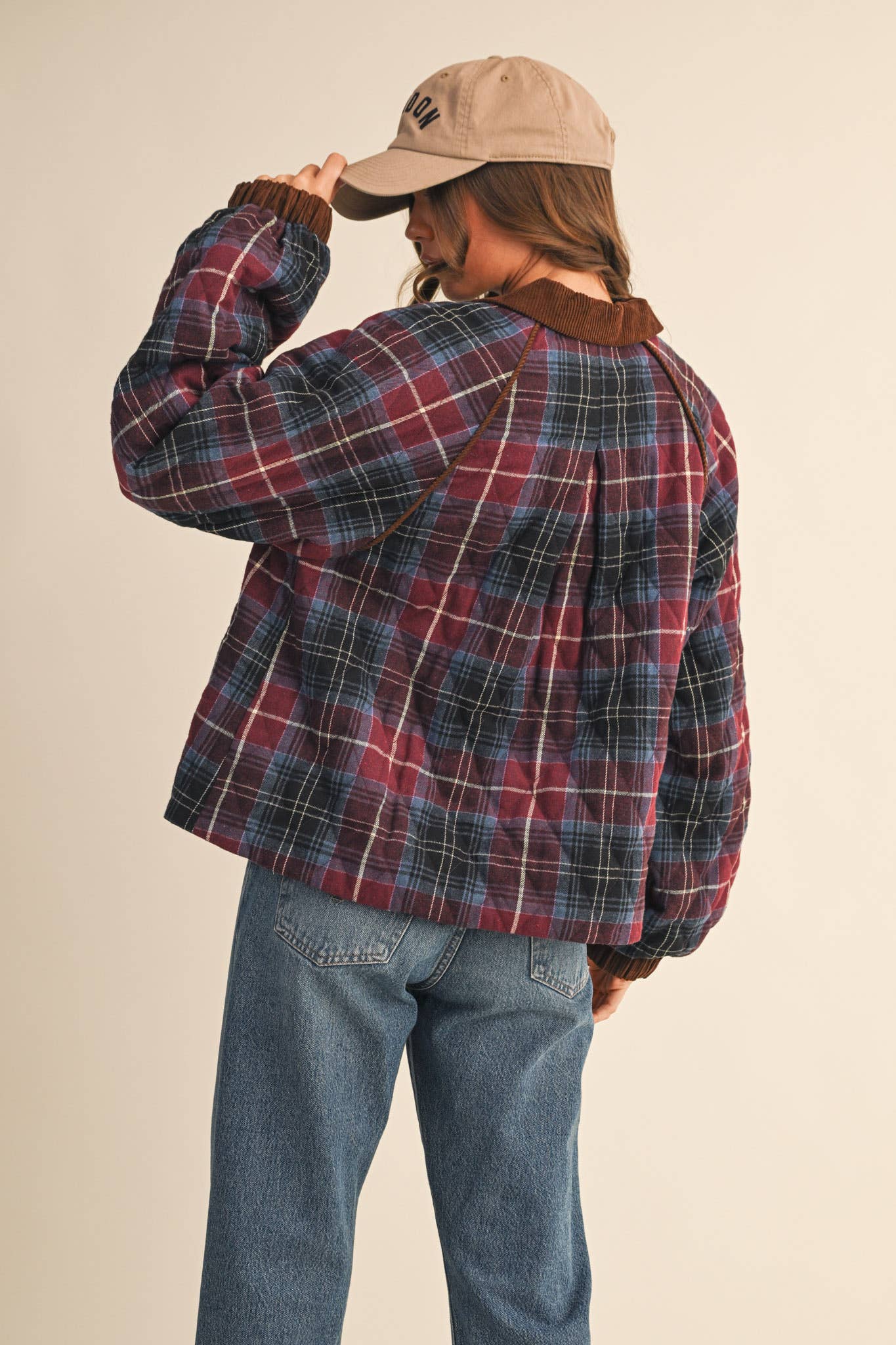 PLAID QUILTED JACKET WITH CONTRAST CORDUROY DETAIL MJK4115