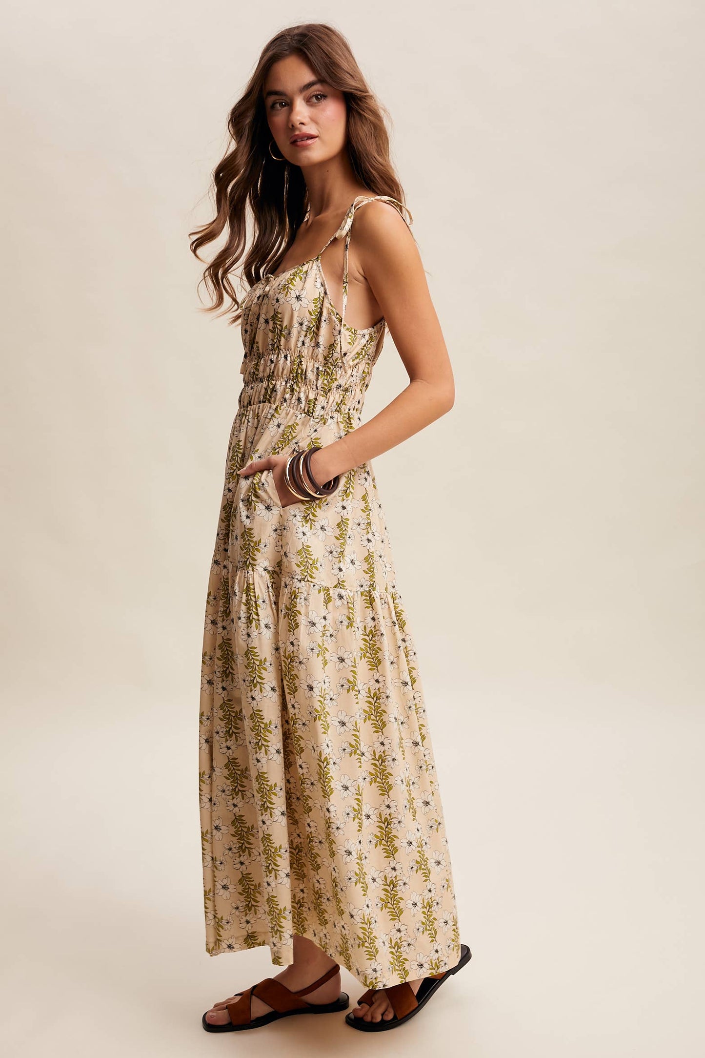 Floral Tie-Strap Smocked Maxi Dress LD1623