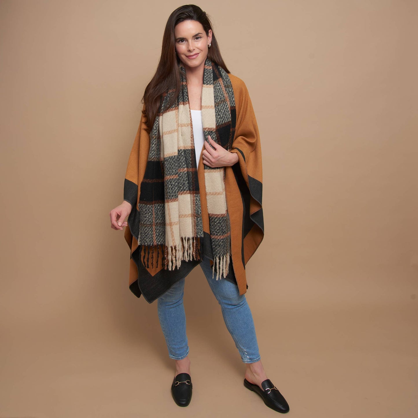Kylie Windowpane Plaid Fringe Winter Scarf