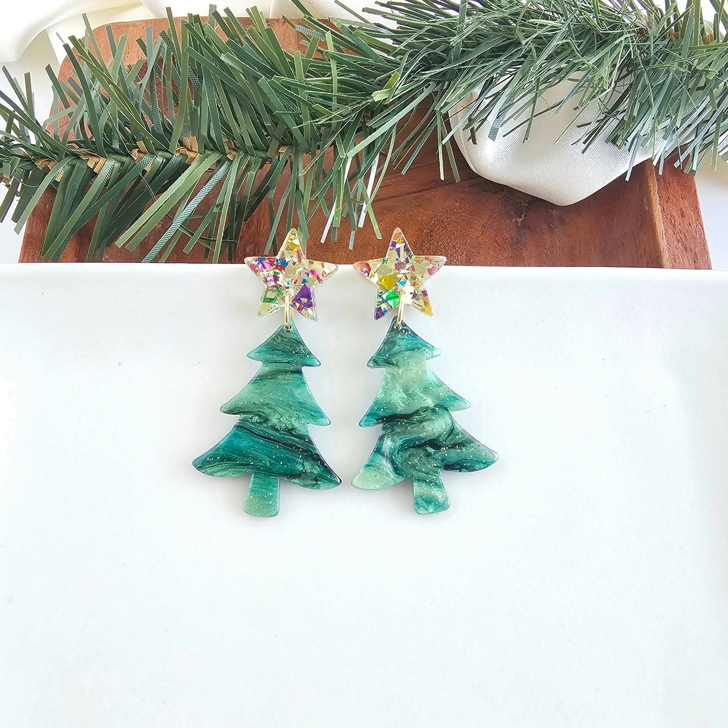 Star Christmas Tree Earrings - Green Shimmer // Holiday, Jewelry