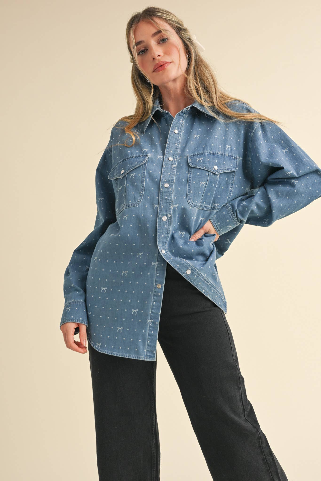 BOW PRINT OVERSIZED DENIM BUTTON DOWN TOP MTP3458