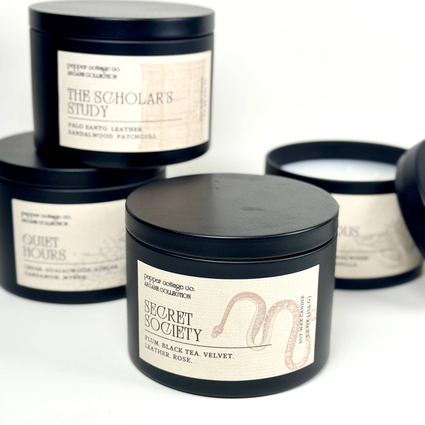 Quiet Hours 5.5 oz Candle Tin | Cedar, Guaiacwood, Ginger, Cardamom, Myrrh | Smoky Woods Dark Academia Soy Candle