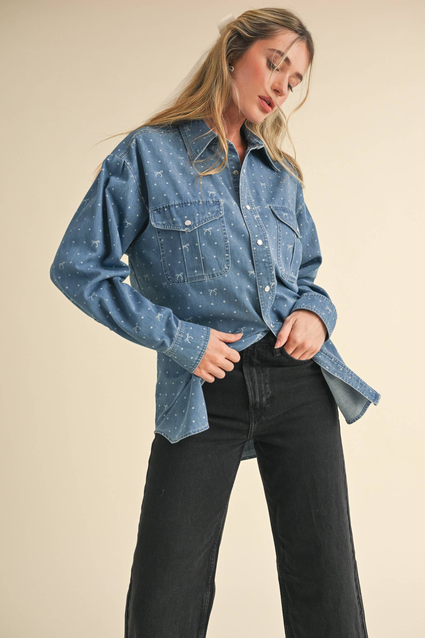 BOW PRINT OVERSIZED DENIM BUTTON DOWN TOP MTP3458