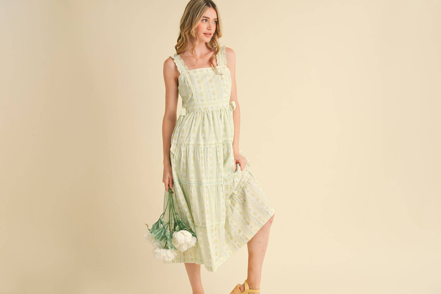 RUFFLED STRAP FLORAL MIDI DRESS WITH SIDE TYING BOWS MDR3586