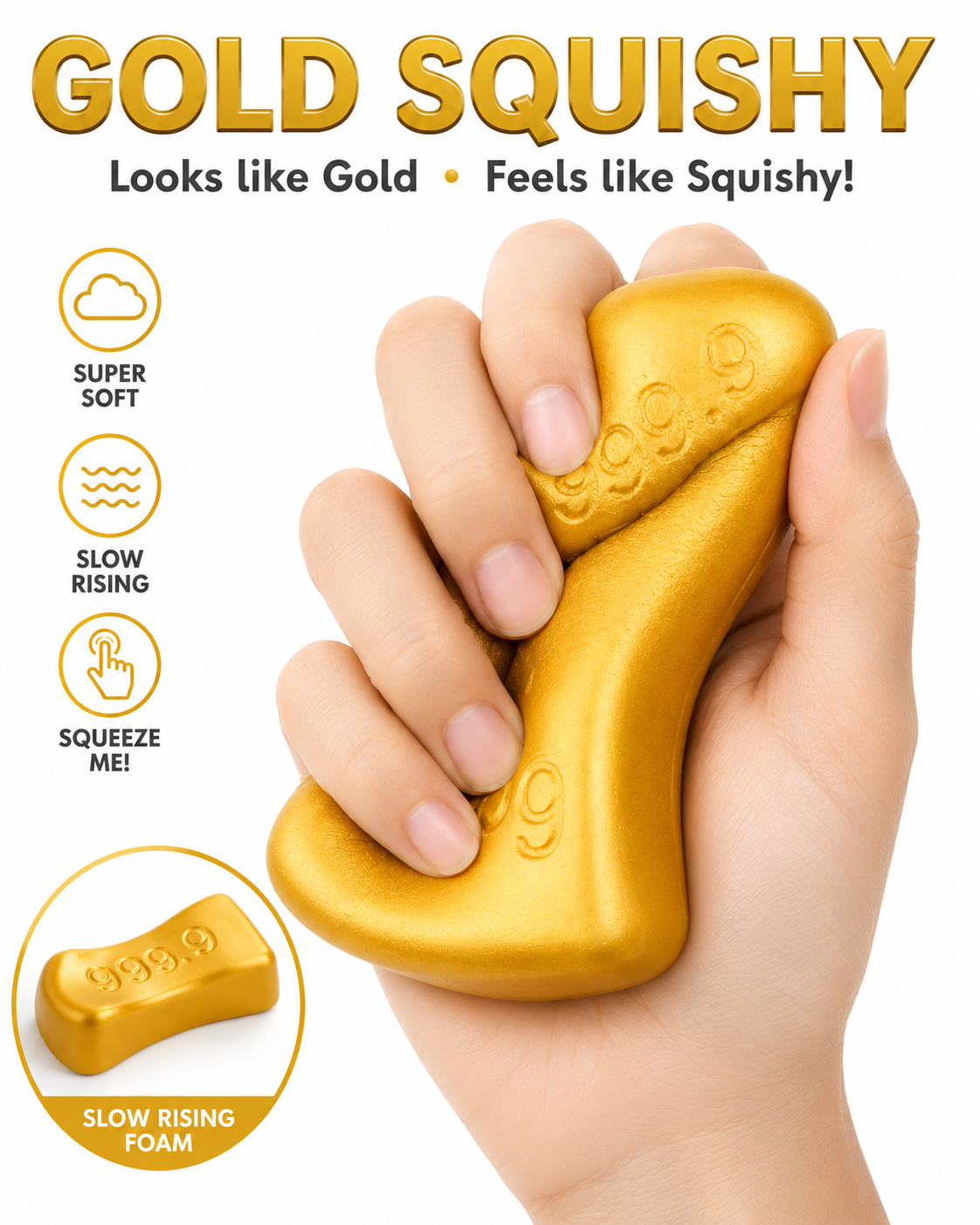 Gold Squishy – 5.5” Slow Rising Gold Bar Squishy Toy (12 Piece Display) MSUSG