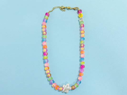 Beaded Necklace - Colorful w/ Pearl Flower - Ada