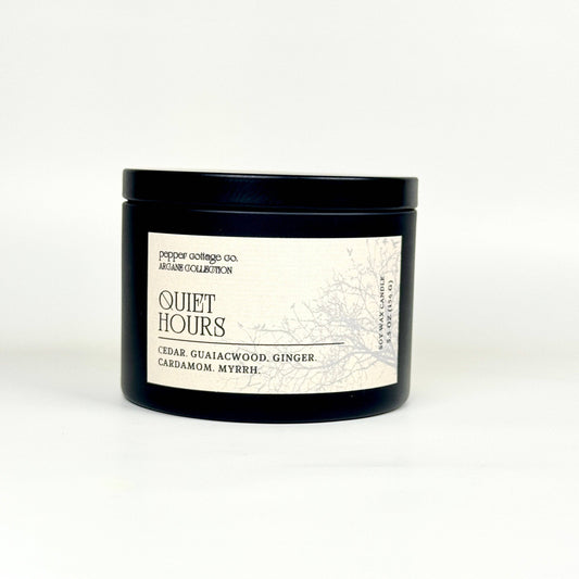 Quiet Hours 5.5 oz Candle Tin | Cedar, Guaiacwood, Ginger, Cardamom, Myrrh | Smoky Woods Dark Academia Soy Candle