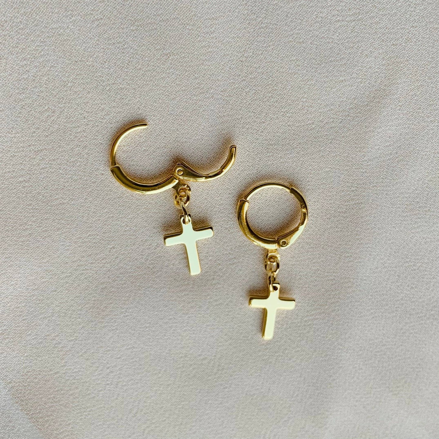 CROSS HUGGIE HOOPS | gold | cross charm earrings
