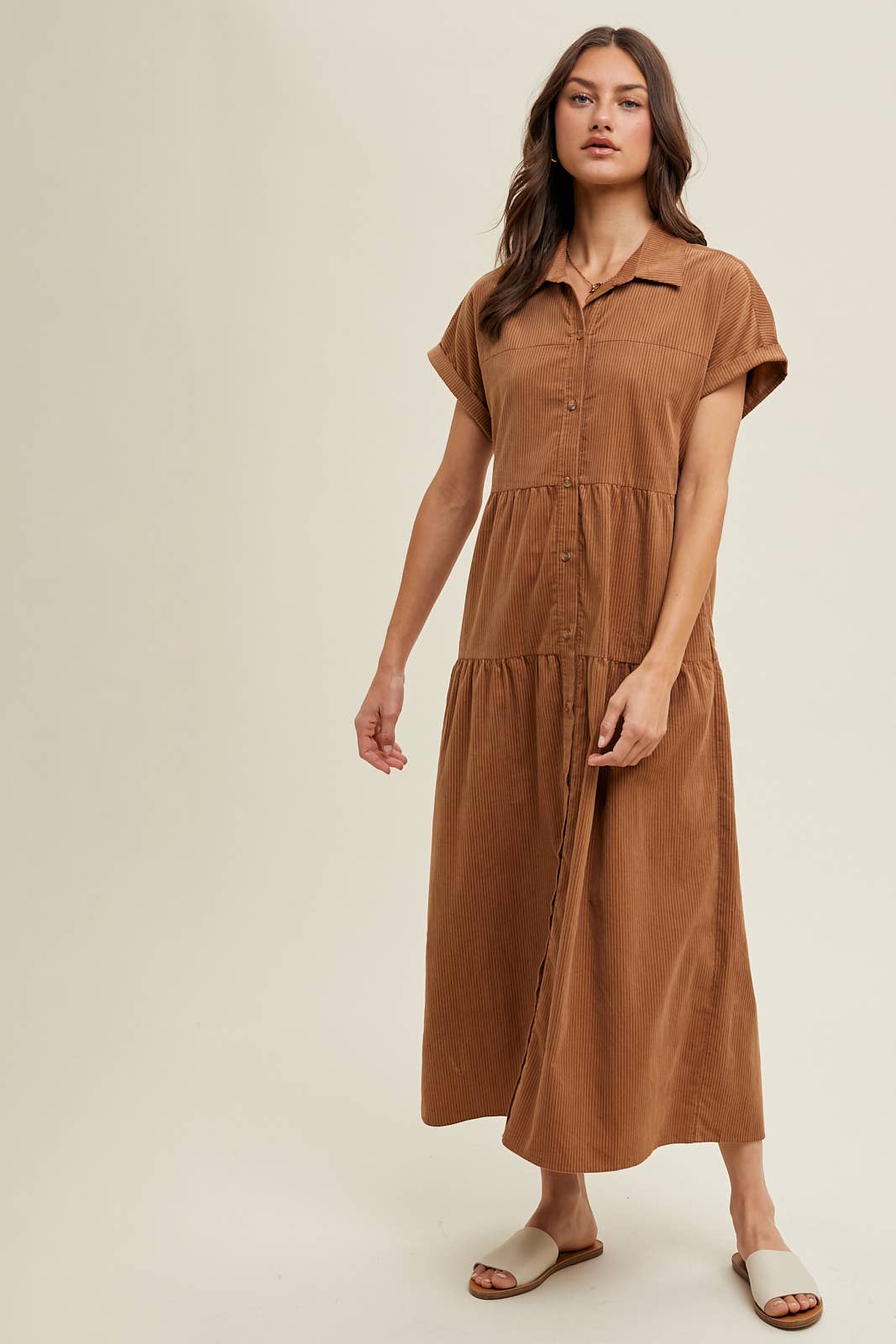STRIPE CORDUROY BUTTON-UP MIDI DRESS / WL24-9416