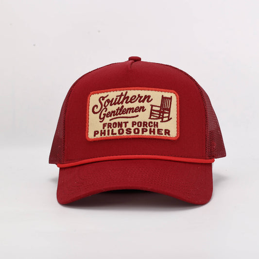 Southern Gentlemen Front Porch Philosopher Trucker Hat – Red