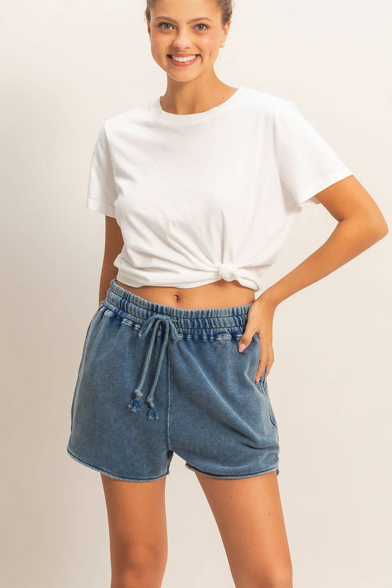 Acid Washed Elastic Waist Shorts